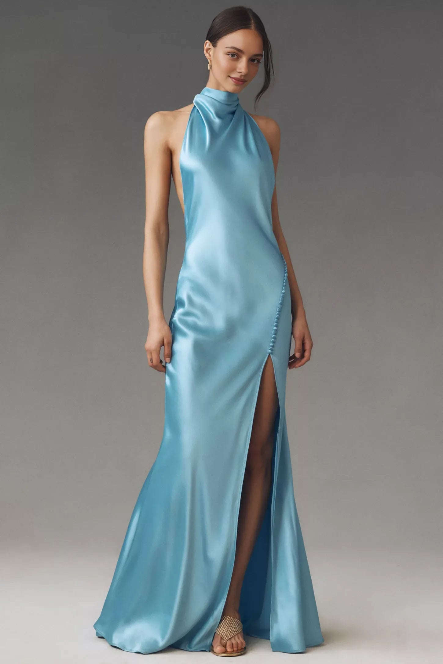 Robe Weitese à col montant et dos nu en satin sans manches, robe de bal bleu ciel, robe longue simple avec fente latérale